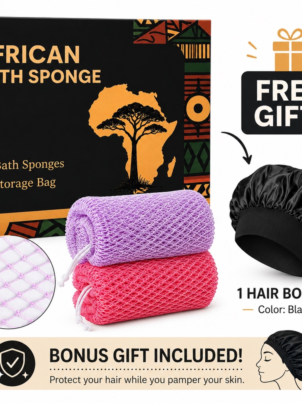 Exfoliating Mesh Bath Sponges Set with Free Black Hair Bonnet - Purple & Pink